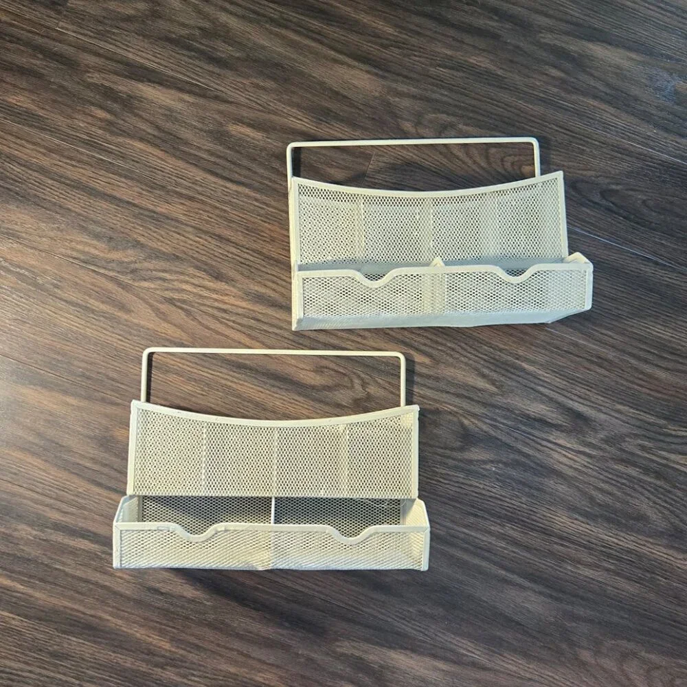 Set of Two Cream-Colored Metal Mesh Hanging or Freestanding Organization Baskets